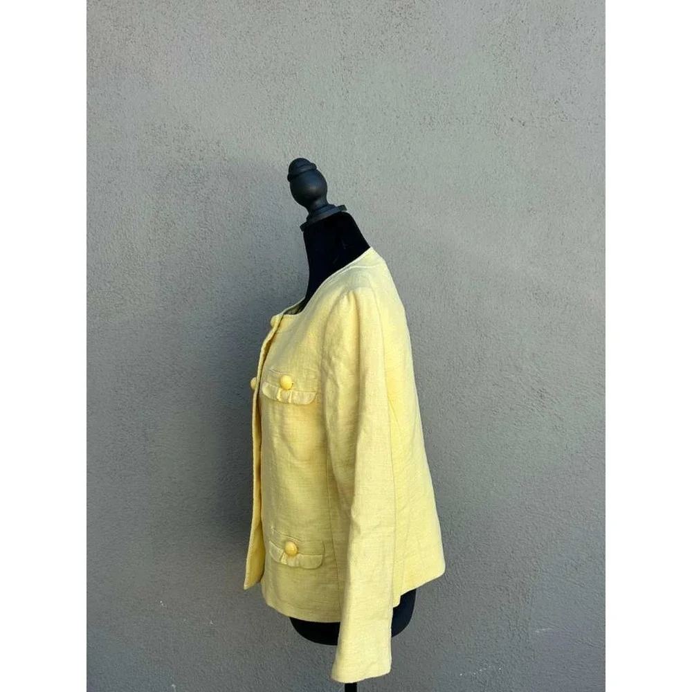Talbots Petites Yellow Textured Button‎ Front Blazer Jacket 12P Solid Round Neck